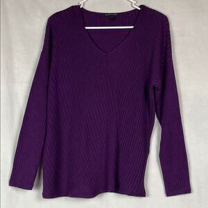 Eileen Fisher Purple Ribbed Knit V-Neck Sweater Organic Cotton Silk Blend